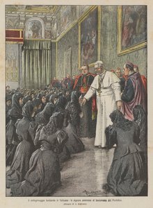 De Lombardische pelgrimage naar het Vaticaan, de dames toegelaten tot de handkus van de paus door Achille Beltrame