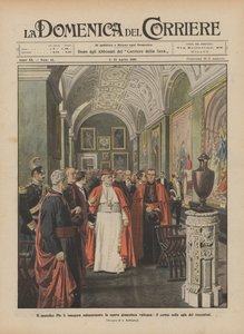 Paus Pius X opent plechtig de nieuwe Vaticaanse kunstgalerij, de processie in de zaal van de driehonderd