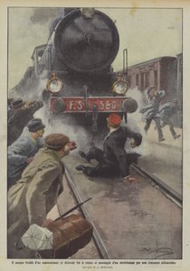 De koelbloedigheid van een stationschef, hij gaat tussen de rails liggen bij het passeren van een sneltrein door Achille Beltrame