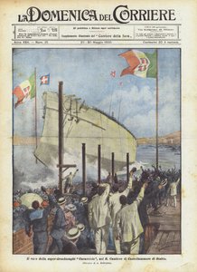De tewaterlating van de super-dreadnought Caracciolo in de R. Werf van Castellammare di Stabia door Achille Beltrame