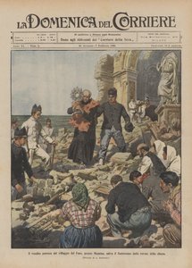 De oude pastoor van het dorp Faro bij Messina redt het Allerheiligste uit de ruïnes van de kerk