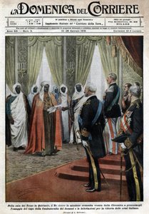 In de troonzaal van het Quirinaal Paleis ontving de Italiaanse koning Victor Emmanuel III (Victor Emmanuel) (Vittorio Emanuele) de Senousist missie van de Cyrenaica (in Libië) die hulde en felicitaties kwam brengen voor de overwinning van de Italiaanse tro