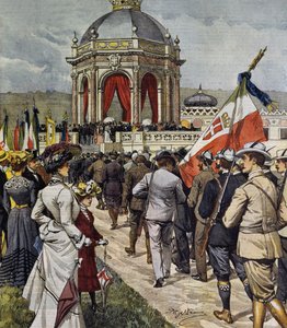Inhuldiging van IV schietwedstrijd op Farnesina polygon, Rome, Italië, illustratie door Achille Beltrame uit La Domenica del Corriere, 25 mei door Achille Beltrame