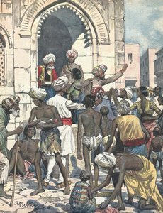 India. Droogte veroorzaakt epidemieën. Voedseluitdeling. Geïllustreerd door Antonio Beltrame. La domenica del Corriere. 26 februari