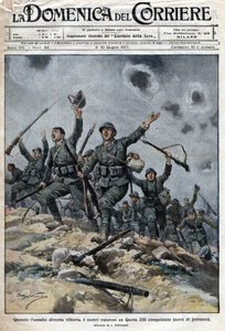 Italiaans leger overwint Oostenrijks-Hongaarse troepen op de Karstbergen in Slovenië. De Italianen vorderden zo richting Triëst. Ill. de Beltrame. La Domenica del Corriere. 06/1917 door Achille Beltrame