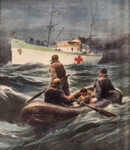 Italiaans hospitaalschip redt vier Duitse vliegeniers die neergeschoten waren, illustratie uit La Domenica del Corriere, 23 februari door Achille Beltrame