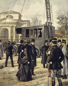 Italiaanse natuurkundige Guglielmo Marconi woont experimenten bij met eerste mobiele radiostation in Milaan, 30 december door Achille Beltrame