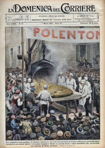 Italiaans volksfeest: polenta geante (polentone) georganiseerd in een stad nabij Asti in Veneto. Illustratie van Achille Beltrame in 