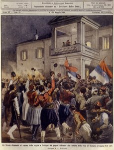 Koning Nicolaas I van Montenegro voor een menigte in Cettigne na de overgave van de stad Shkoder, 4 mei