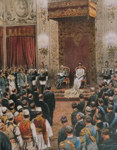 Koning van Italië, Vittorio Emanuele III van Savoye, gekroond tot Koning van de Albanezen, door Achille Beltrame, illustratie, Illustrator Achille Beltrame, uit La Domenica del Corriere door Achille Beltrame