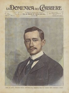 De held van de dag, Guglielmo Marconi, uitvinder van draadloze telegrafie die onlangs de oceaan overstak