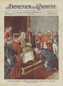 De verheffing van de nieuwe paus, de maarschalk van het conclaaf prins Chigi als eerste toegelaten tot de voetkus