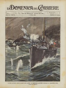 De laatste zeeslag voor Port Arthur, de Japanse torpedobootjagers vallen de Russische torpedobootjagers aan