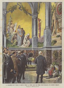 De ceremonie van de 19e ter ere van Verdi, het bezoek aan zijn graf net versierd met bronzen en mozaïeken