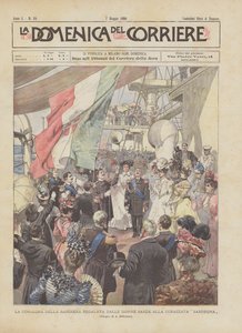 De overhandiging van de vlag geschonken door de Sardijnse vrouwen aan het slagschip Sardegna door Achille Beltrame