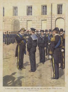 De uitreiking van de medaille voor moed aan twee matrozen teruggekeerd uit China, in de kazerne van de Koninklijke bemanningen in La Spezia