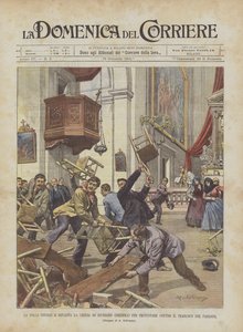 De menigte bestormt en verwoest de kerk van Giussano (Brianza) om te protesteren tegen de verhuizing van de pastoor
