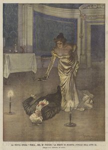De nieuwe opera Tosca van M° Puccini, de dood van Scarpia (einde van Act II)