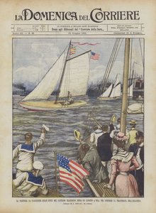 Het vertrek uit Gloucester (Verenigde Staten) van kapitein Blackburn op een zeilboot