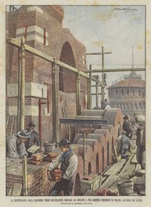 De reconstructie van de grandioze Filarete-toren, gewijd aan Umberto I, in het Sforzesco-kasteel door Achille Beltrame