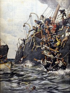 De ramp van Libanon: de passagiers springen in zee na de botsing met een ander schip voor de kust van Marseille. Illustratie door Beltrame. La Domenica del corriere. 1903. door Achille Beltrame