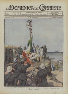 De Italiaanse verovering van Tripolitanië breidt zich geleidelijk uit, het hijsen van de vlag op de punt van Tagiura door Achille Beltrame
