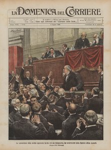 De goedkeuring van de renteconversie in drie uur door het Parlement, de toejuichingen van de Kamer aan de heer Luzzatti door Achille Beltrame