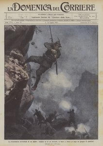Het dramatische avontuur van een alpino, hangend boven een ravijn, vecht en verjaagt een groep Oostenrijkers