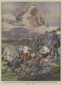De populaire alpine excursie van de Matterhorn naar de Rosa, de duizend en meer alpinisten gekampeerd in de kom van Breuil op 2004 meter