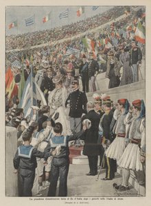 De grootse demonstratie voor de koning van Italië na de spelen in het stadion van Athene
