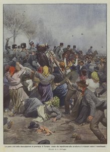 De ernstige werkloosheidscrisis in de provincie Ferrara, vrouwen die de cavalerie verhinderen