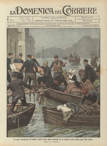 De ernstige overstroming van Parijs, gedwongen evacuatie van de zieken uit een ziekenhuis overspoeld door het water van de Seine