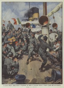 De vrolijke oorlog, soldaten op weg naar Tripolitanië die de tarantella dansen tijdens de reis ?