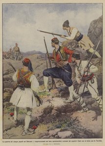De oorlog van de vijf volkeren op de Balkan, de vertegenwoordigers in hun karakteristieke kostuums van