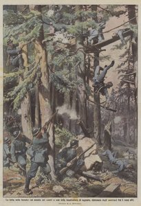 De strijd in de bossen, een aanval van onze troepen op een van de hinderlaagplatforms, opgezet door de vijand