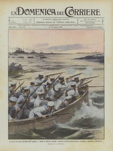 De inname van Zuara bij zonsopgang op 5 augustus, de eerste die landden waren de matrozen die bij de kust werden aangevallen door Achille Beltrame