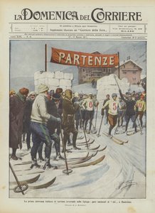 De eerste Italiaanse wintertoerismekaravaan op de Splügenpas, nationale skiwedstrijden in Madesimo
