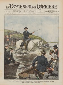 De oversteek van de Tiber te paard, paard en ruiter gaan het water in door Achille Beltrame