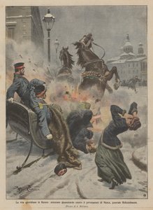 Het dagelijks leven in Rusland, bomaanslag op de gouverneur van Moskou, generaal Holschelmann door Achille Beltrame