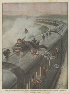 Spoorweglantaarnist vergeten op een wagon bij het vertrek van een trein, in Toscane