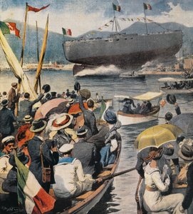 Te water laten van slagschip Andrea Doria vanuit Arsenale in La Spezia, paneel door Achille Beltrame (1871-1945), La Domenica del Corriere, 6 april door Achille Beltrame