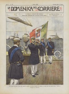 De grote marine-oefeningen in de Golf van Gaeta, de hertog van Genua bestudeert de verschillende fasen vanaf het schip Savoia