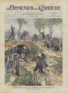 De recente veldmanoeuvres, een karakteristieke aanval van fietsende bersaglieri door Achille Beltrame