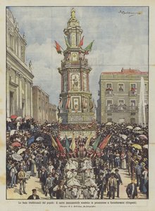 De traditionele volksfeesten, de monumentale wagen in processie naar Casteltermini (Girgenti)