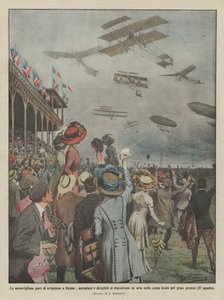 De wonderbaarlijke luchtvaartwedstrijden in Reims, vliegtuigen en luchtschepen achtervolgen elkaar in de lucht door Achille Beltrame