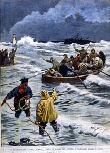 Het schipbreuk van de stoomboot Planier nabij de monding van de Rhône: de reddingsdiensten brengen de passagiers terug. Illustratie van Beltrame. La Domenica del Corriere. 1901.