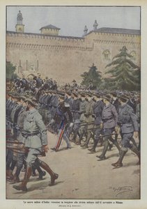 De nieuwe milities van Italië, vrijwilligers in burgerkleding bij de militaire parade van 2 november in Milaan