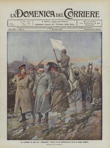 De vredesonderhandelingen tussen de strijdende partijen, de aankomst van een Turkse parlementariër in het Bulgaarse kamp door Achille Beltrame