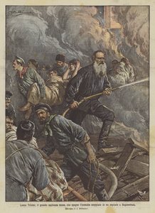 Leo Tolstoj, de grote Russische schrijver, die een brand blust in een ziekenhuis in Bogoroditsk door Achille Beltrame