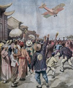 Luitenant Arturo Ferrarin, deelnemer aan Rome-Tokio raid, aankomst boven de lucht van Shanghai, illustratie door Achille Beltrame uit La Domenica del Corriere, 16 mei door Achille Beltrame